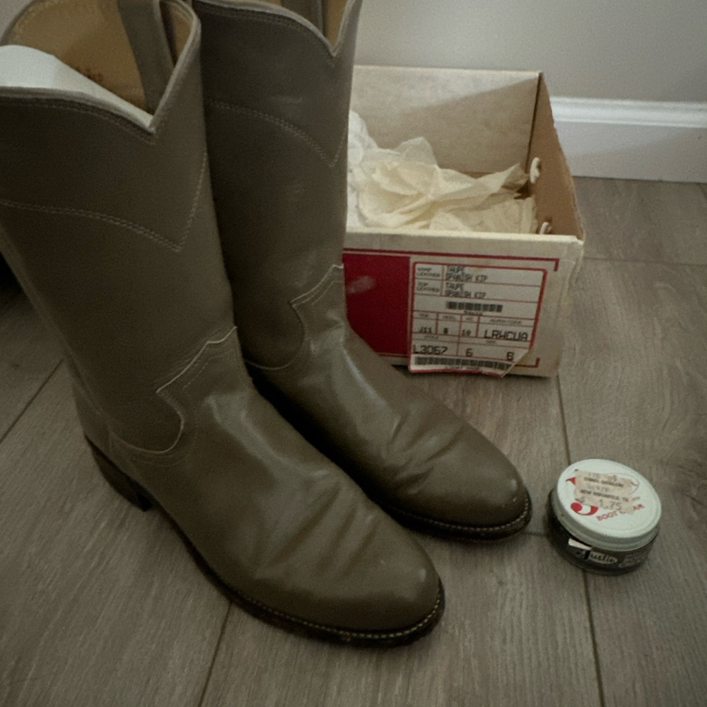 Justin‎ Boots Wine Taupe Leather Spanish Kip Womens Size 6B W/ Box And Wax